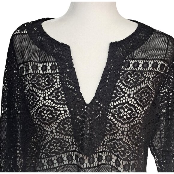 Vintage Black Lace Top Womens Size L Large Fringe Long Sleeve V Neck Cover Up A- - Picture 2 of 7